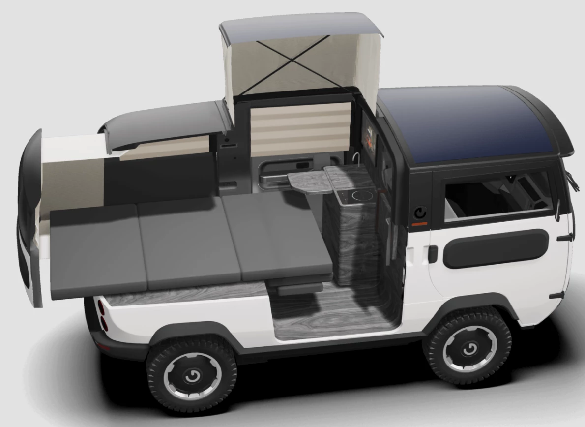 ElectricBrands makes good on the idea of a tiny electric camper van that expands upward and outward