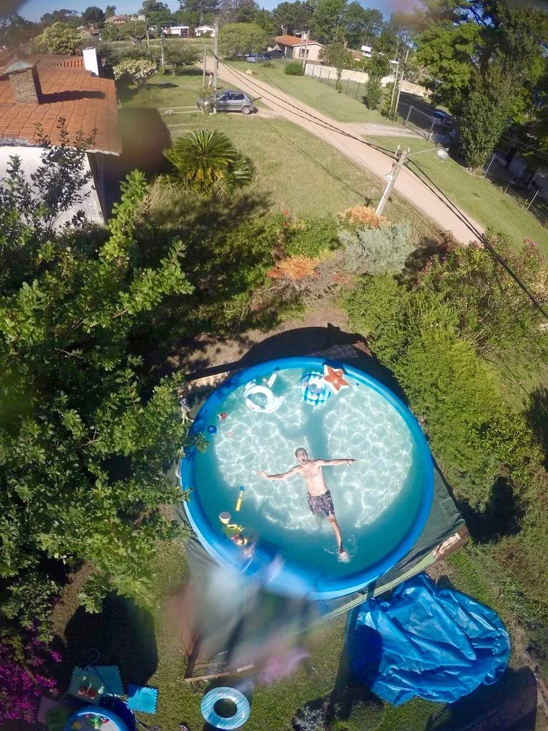 Birdie has a layer of foam at the bottom that acts as a buoyant cushion, allowing it to float GoPro cameras (waterproof case strongly recommended) in water