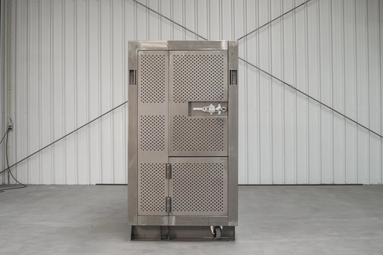 Locked up, the BEEBOX is enclosed in a perforated steel enclosure