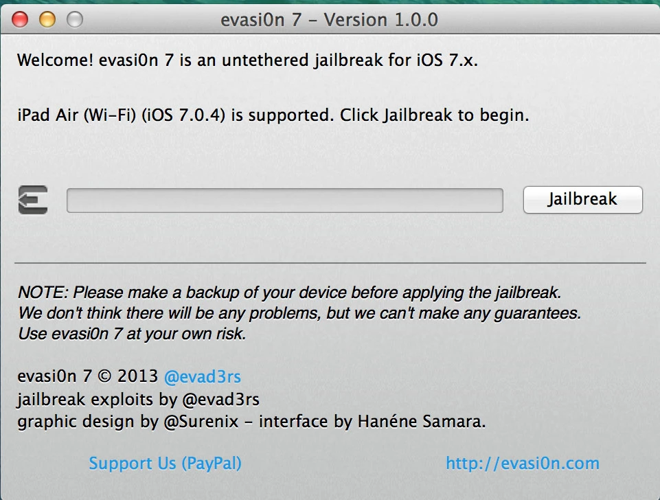 This is the screen that the evasi0n tool will welcome you with on your PC