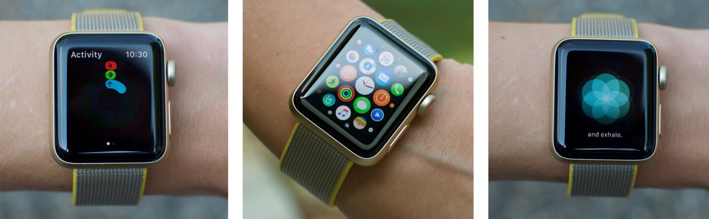 The Activity app, Watch OS 3's home app screen, and the Breathe app