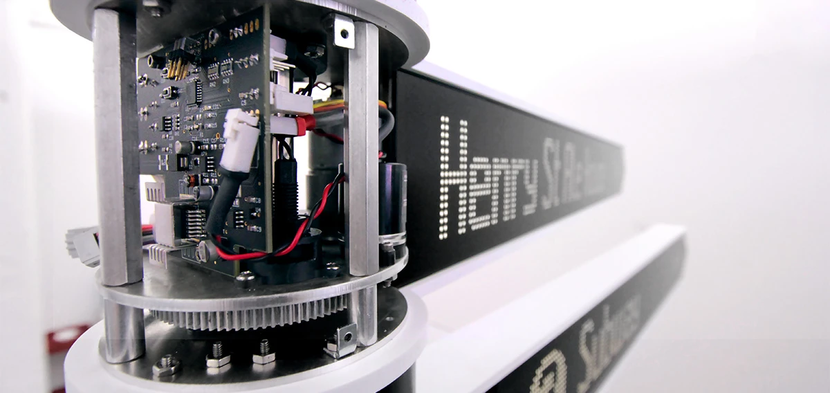 The Points designers built a custom system of gears and motors that could fit inside a slim pole and provide smooth motion to each arm