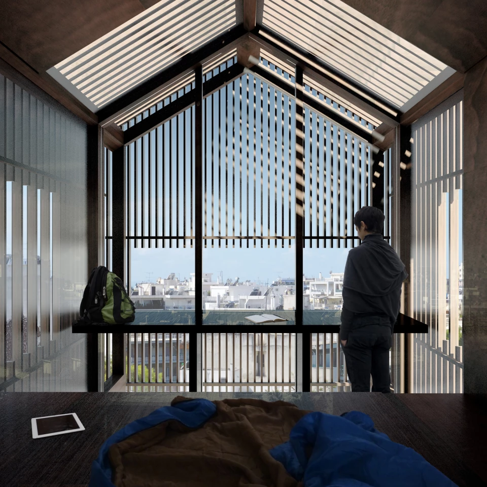 The interior of the hut measures 9 sq m (96 sq ft) and the architects include a raised sleeping area and a table, but no modern amenities (Image: Panos Dragonas Christopoulou Architects)