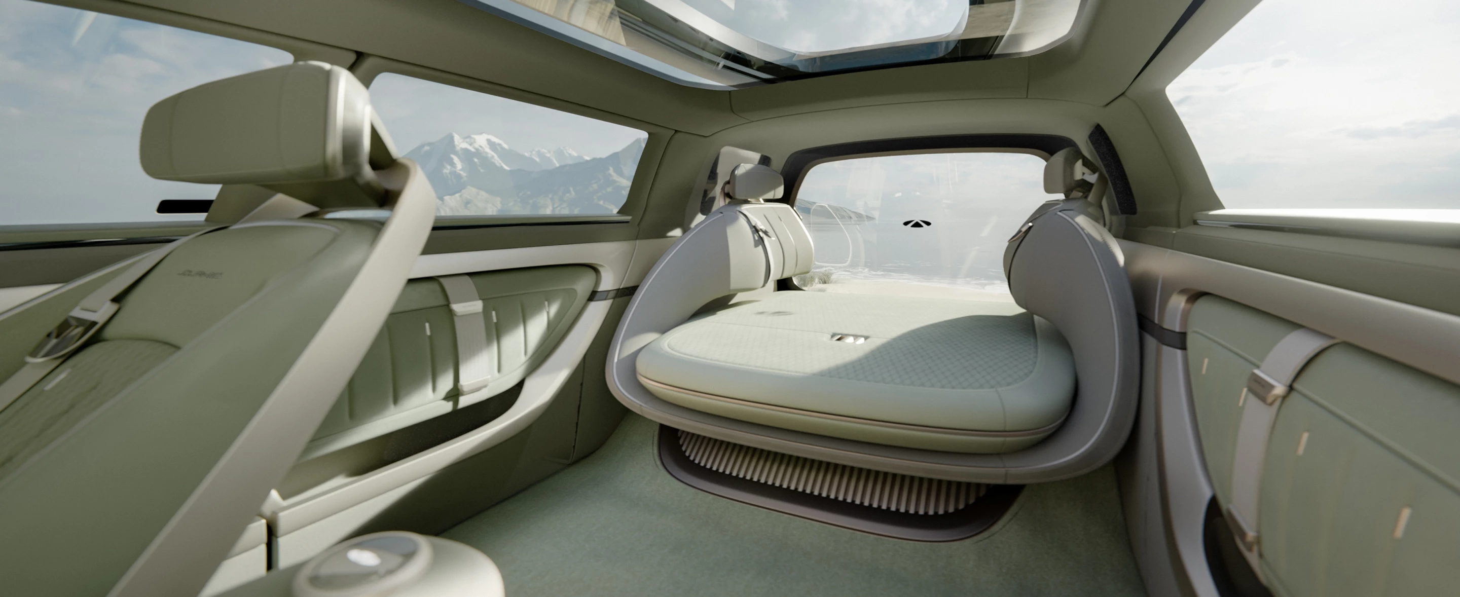 The rear seat backs swing to the sides to open up a sofa lounge with panoramic views