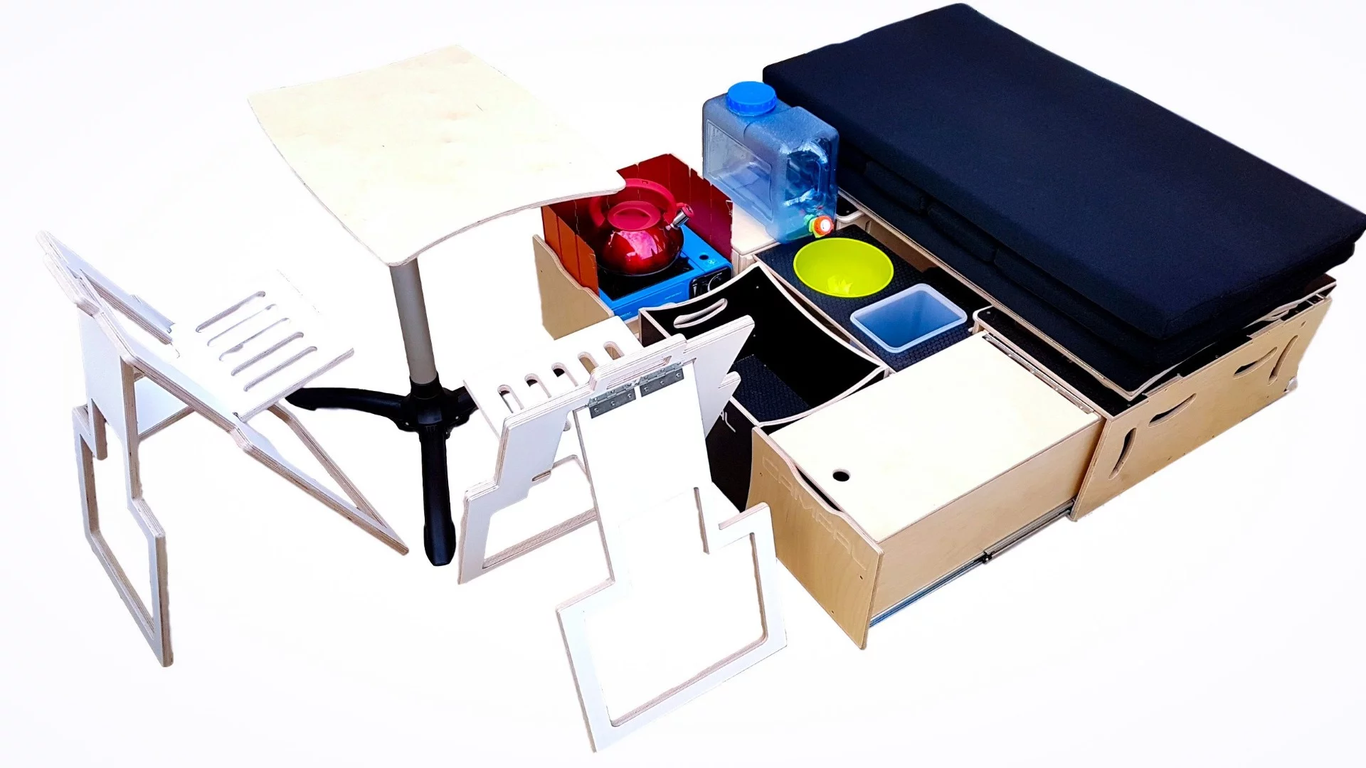 With the available table pedestal and folding seats, the Campal kit lets campers eat indoors or out