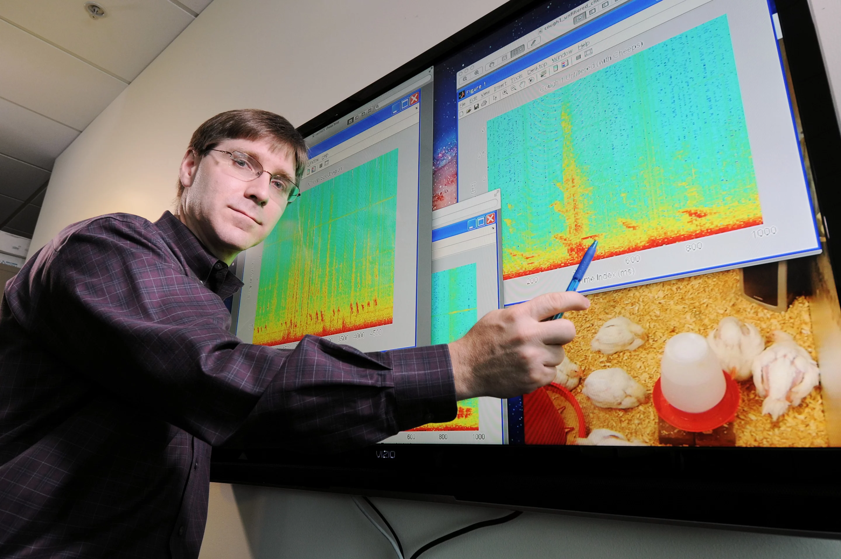 Researcher David Anderson, in Georgia Tech’s School of Electrical and Computer Engineering, analyzes chicken vocalizations