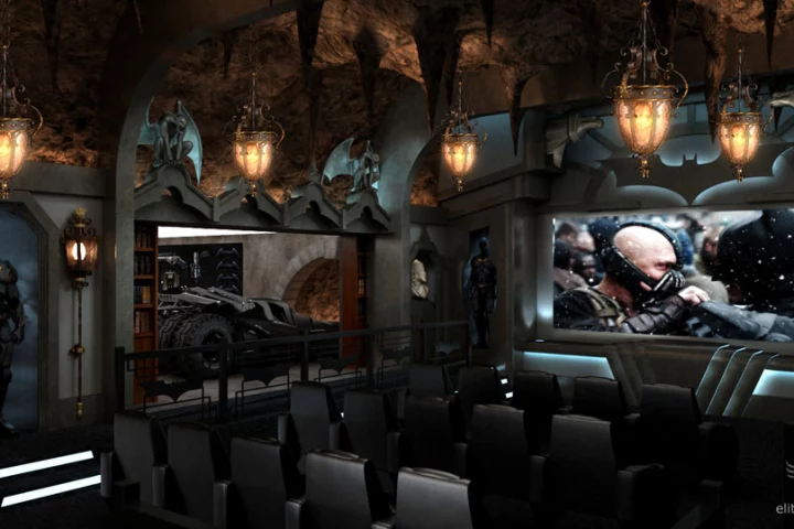 The impressive subterranean Dark Knight home cinema incorporates a dramatic interpretation of the film’s Batcave