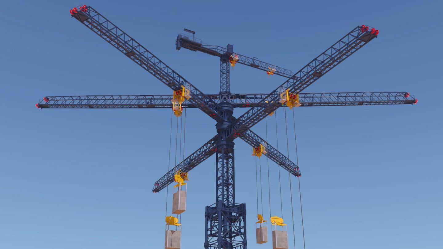 In Energy Vault's new system, a six-armed crane lifts concrete blocks from the ground into a tower loaded with potential energy, which is unleashed by lowering the blocks back to the ground