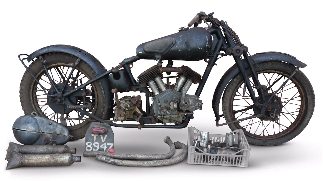 Though this 1933 Brough Superior 11-50HP is a restoration project, it is an ideal candidate, with most of its original equipment still present