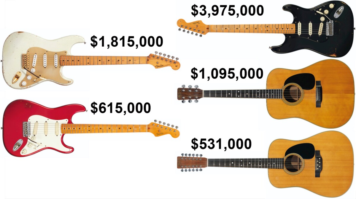 Some of Daid Gilmour's guitars which were sold at auction recently, the proceeds going to fight climate change