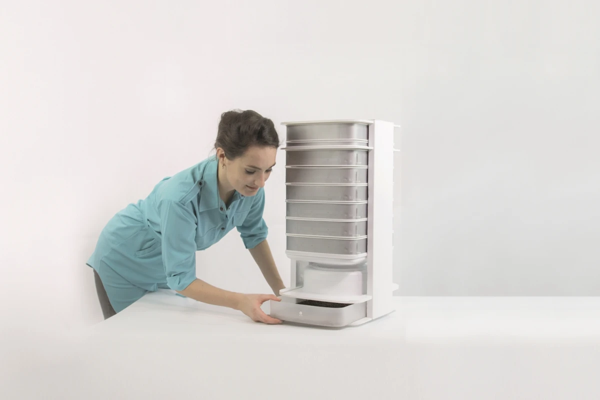 The Livin Farms Hive uses mains power, sensors and heating to provide the ideal microclimate for mealworms to develop