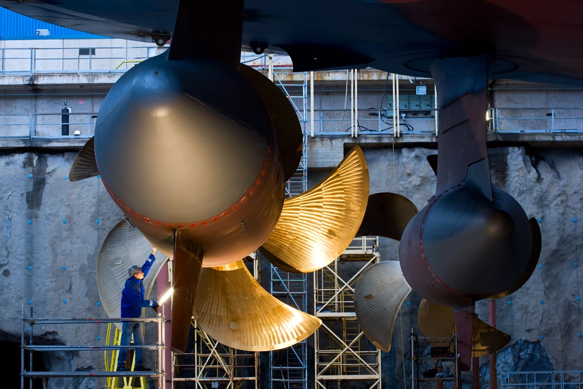Azipod rotating thruster, fitted to a ship under construction
