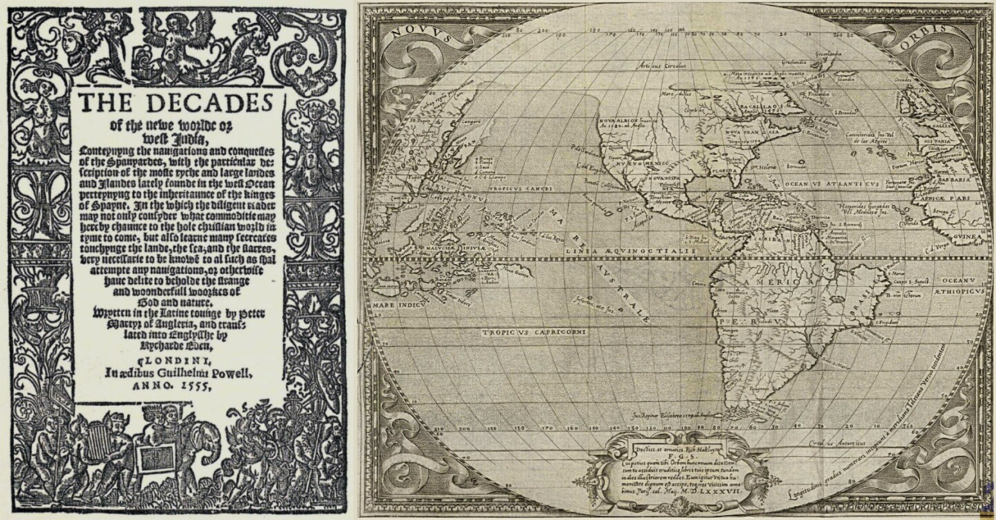 The full title of this book is The Decades of the newe worlde or west India, Conteyning the nauigations and conquestes of the Spanyardes, with the particular description of the moste ryche and large landes and Ilandes lately founde in the west Ocean perteynyng to the inheritance of the kinges of Spayne and it is a narrative on epic voyages voyages based on the first three Decades of Peter Martyr (Pietro Martire d'Anghiera – read the text in English here) which were originally written in Latin between 1511 and 1530. The book was edited and translated into English by Richard Eden and published in London by William Powell in 1555. The auctioned book sold for almost ten times it's estimate, mainly due to it's significance as the first edition of the first collection of voyages printed in English, and the first work to contain narratives of English voyages.