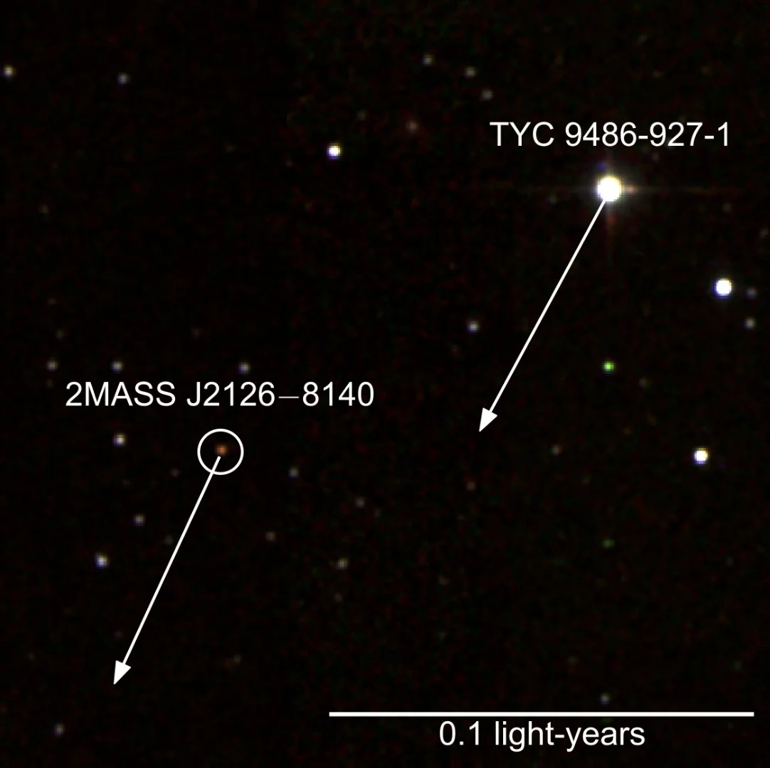 False colour infrared image of TYC 9486-927-1 and 2MASS J2126. Light from the star takes about a month to travel to the planet