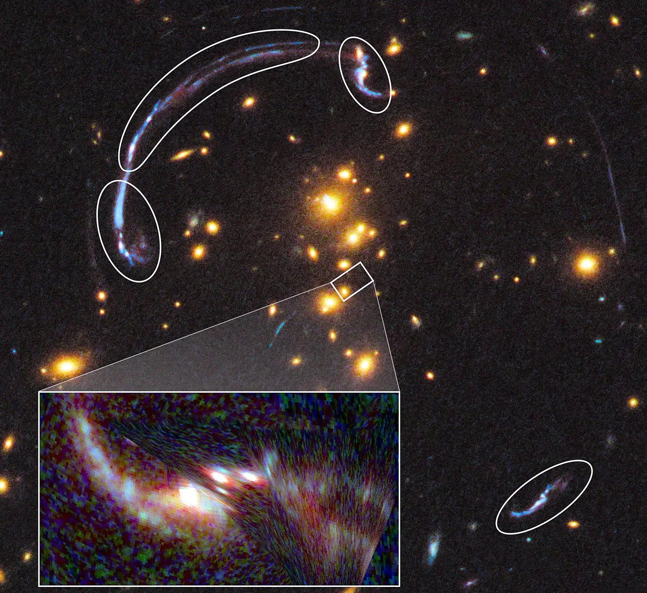 A view through galaxy cluster RCS2 032727-132623, showing a background galaxy highly distorted by an asymmetric gravitational lens (the inset is an attempt to reimage the background galaxy by compensating for the distortion of the lens)