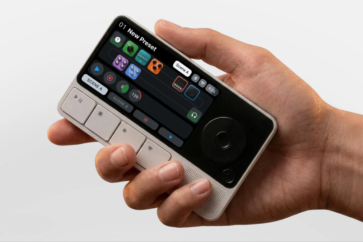 The Neko features a 3.5-inch touchscreen, physical controls, a 3W speaker, and two wireless input jacks in a compact package