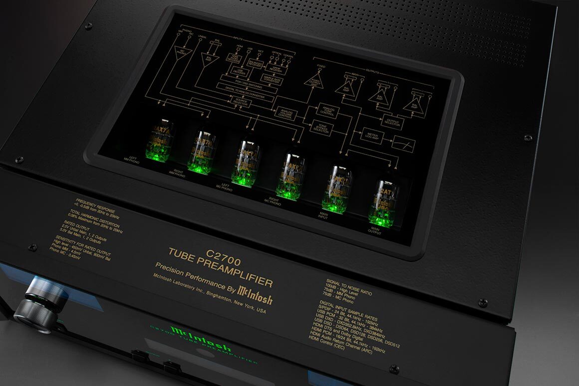 Five 12AX7A and one 12AT7 tubes can be seen glowing through the top panel when the C2700 is powered on