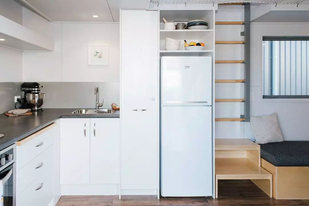 View towards the Larissa and Tyler Tiny House's kitchen