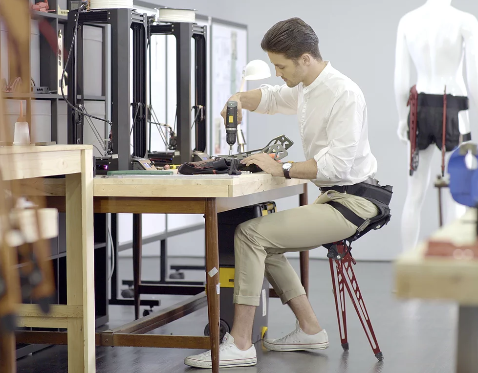 Lex is much like Chairless Chair that we looked at back in March, in that it is essentially a seat that you wear around with you
