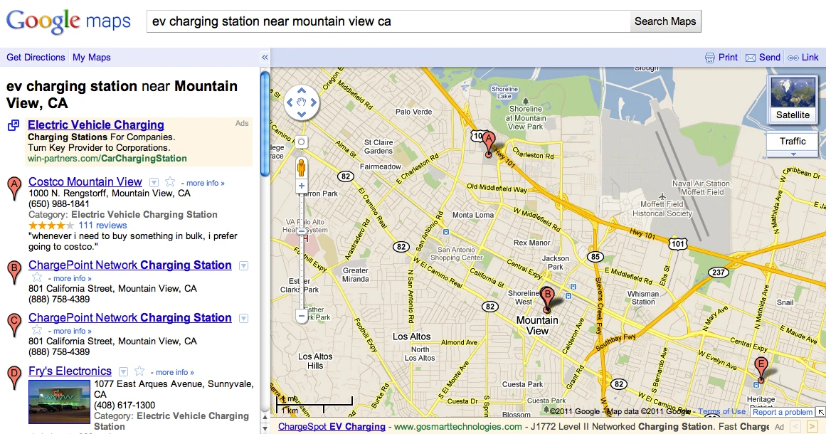 EV charging station locations near Mountain View CA.