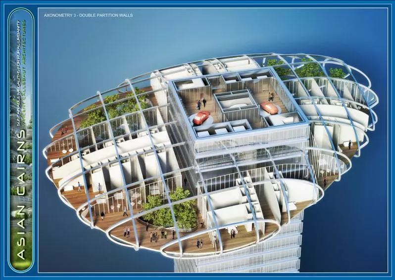 The idea is that each "pebble" can be customized to suit a variety of needs, like housing, office space, shops, recreation areas, etc.