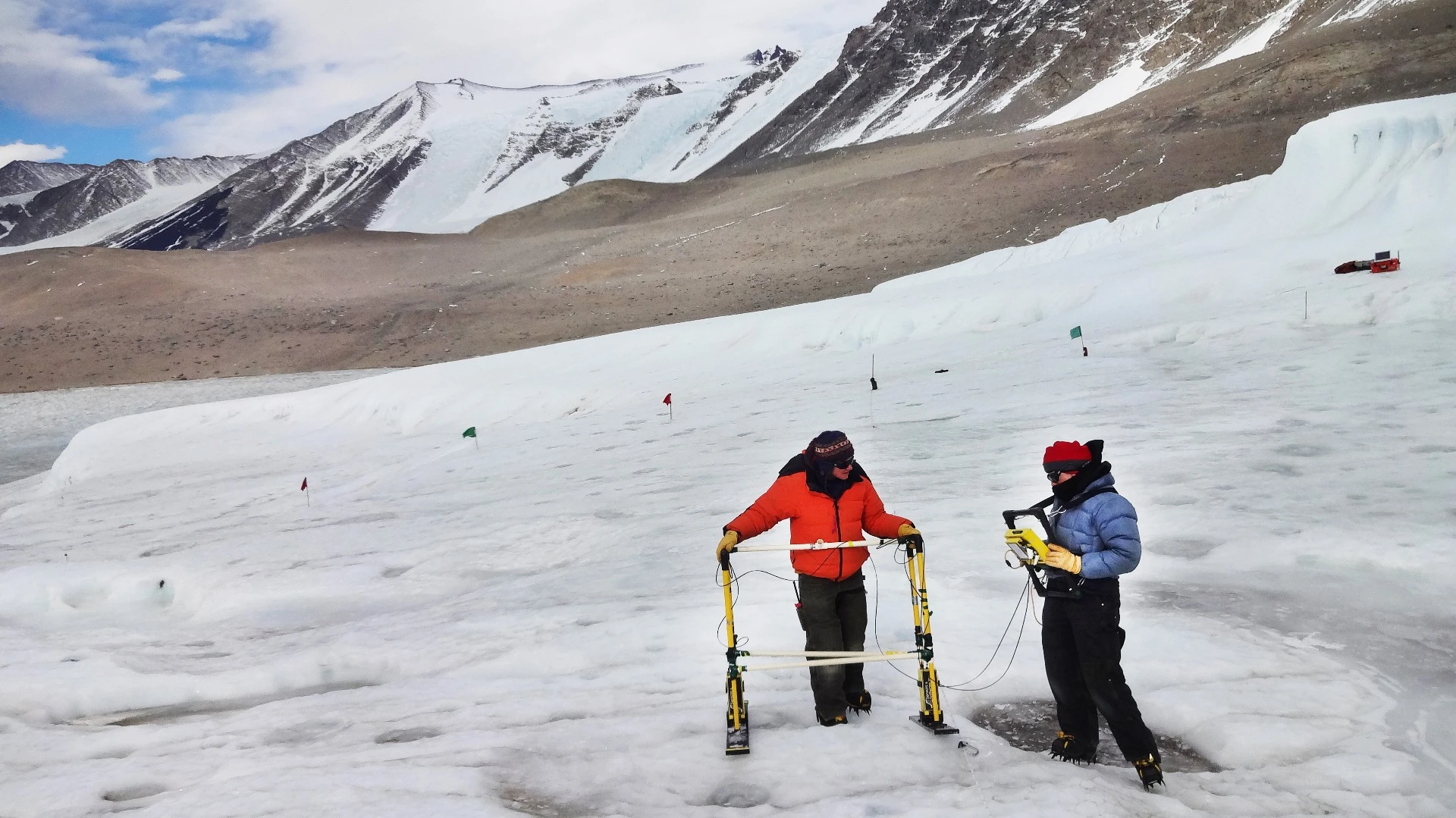 University of Alaska Fairbanks glaciologist Erin Pettit, left, and graduate student Christina Carr collect radar data on Taylor Glacier