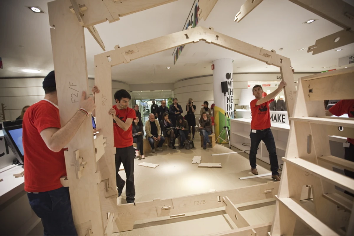 The WikiHouse construction system is based on the use of plywood fins that connect together to form a robust timber frame structure