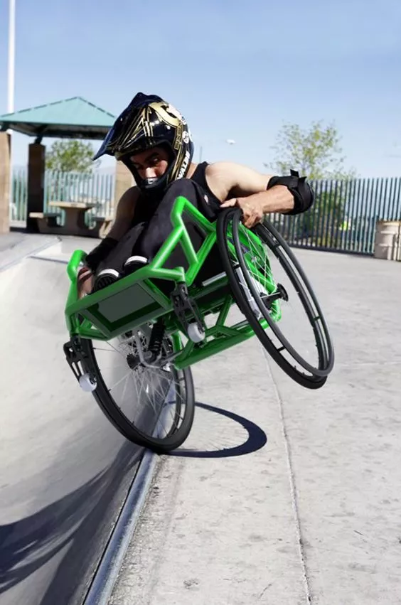 Wheelchair athlete Aaron Fotheringham, on a computer-rendered HXC wheelchair