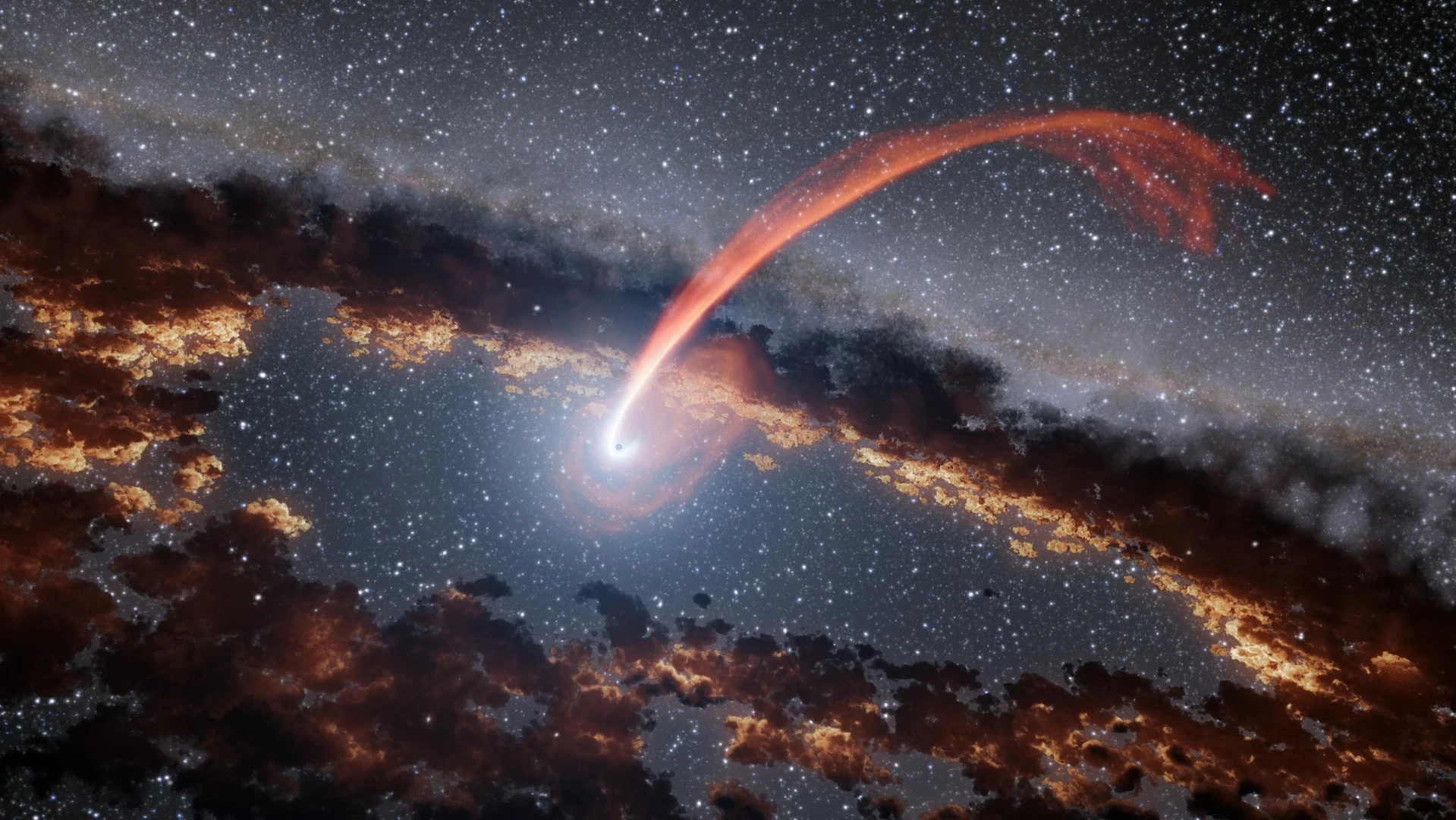 The glowing stream of material as a star is engulfed by a supermassive black hole
