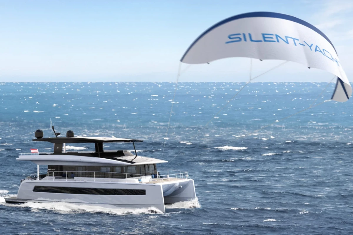 A kite wing adds a helping hand to the solar panels on Silent Yachts' Silent 60