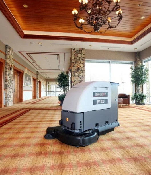 The Intellibot IV800 is designed for large carpeted or hard surface hallways in convention centers and other facilities that get heavy traffic and must frequently be cleaned to a high standard.