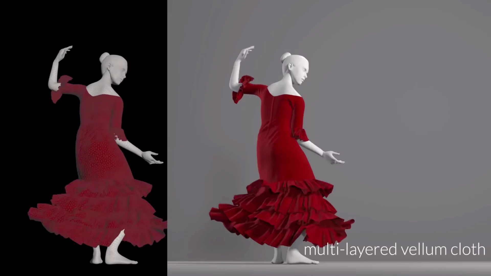 A thoroughly unrealistic motion-captured model can be draped with incredibly realistic cloth, which reacts to movement according to the laws of physics and its own stretch and tear properties