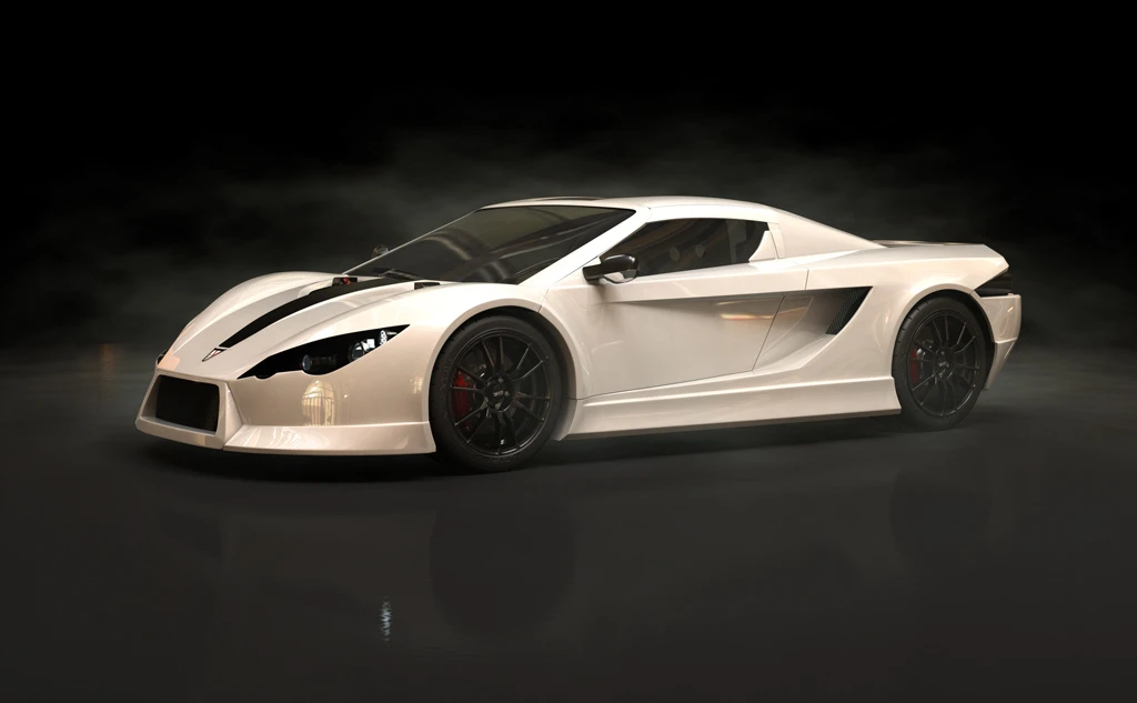 The AEDC has a tubular steel chassis and fiberglass body and sports a sleek silver white metallic pearl paint job