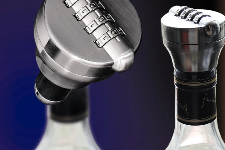 The Bottle Lock securely slots into wine and liquor bottles with a twist