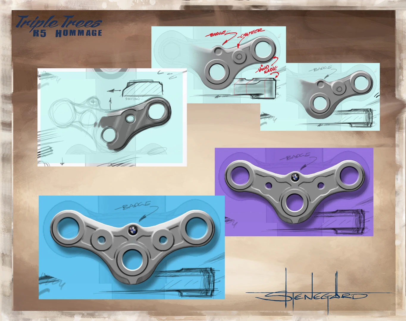 Several designs for the upper clamp, in order to come up with the best one for the BMW R5 Hommage