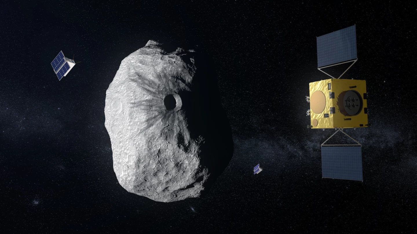 The Hera probe monitors the Didymos asteroid system in this artist's impression