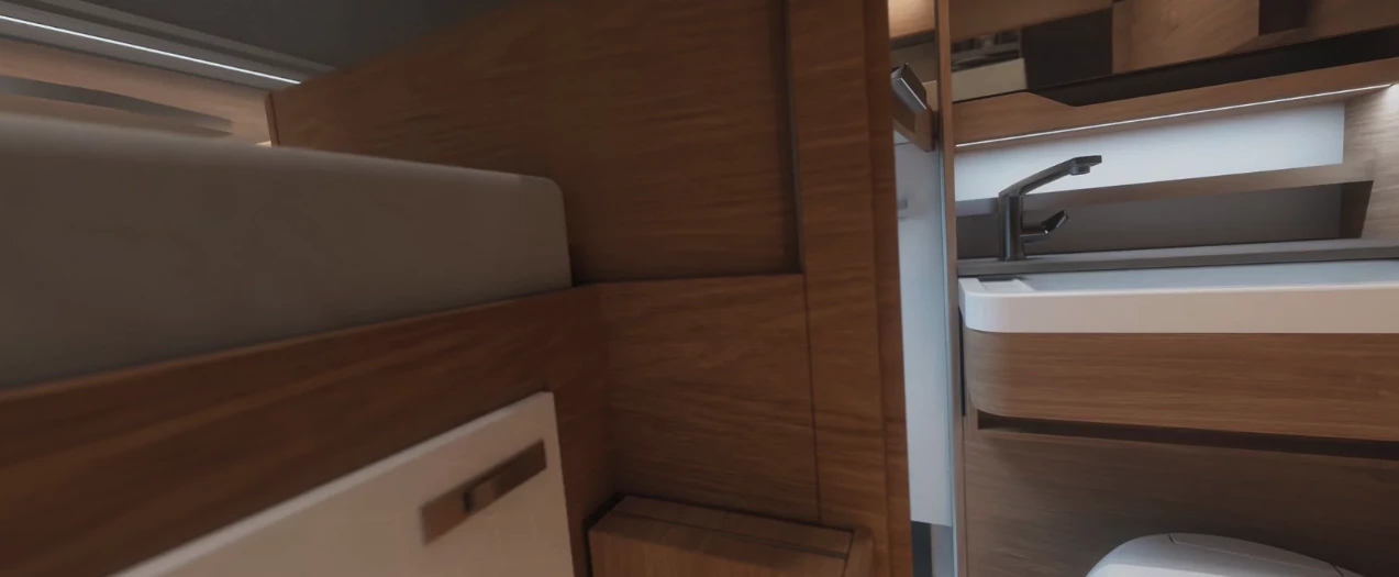 During the day, the temporary wall replaces part of the bed to create a separate shower room in the bathroom