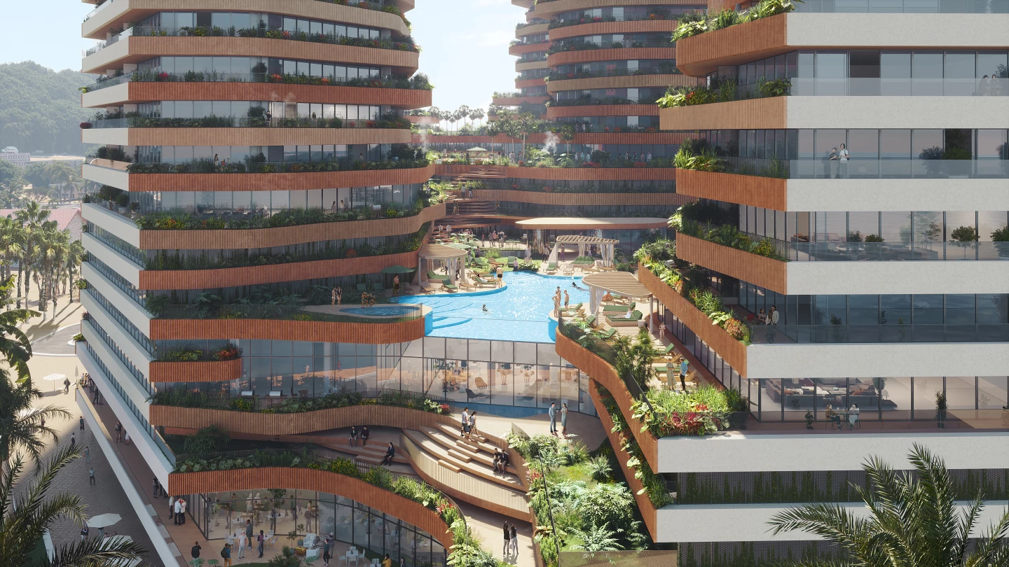 The Hills will be situated on top of a plinth that will form a "valley" filled with swimming pools, retail spaces, and greenery