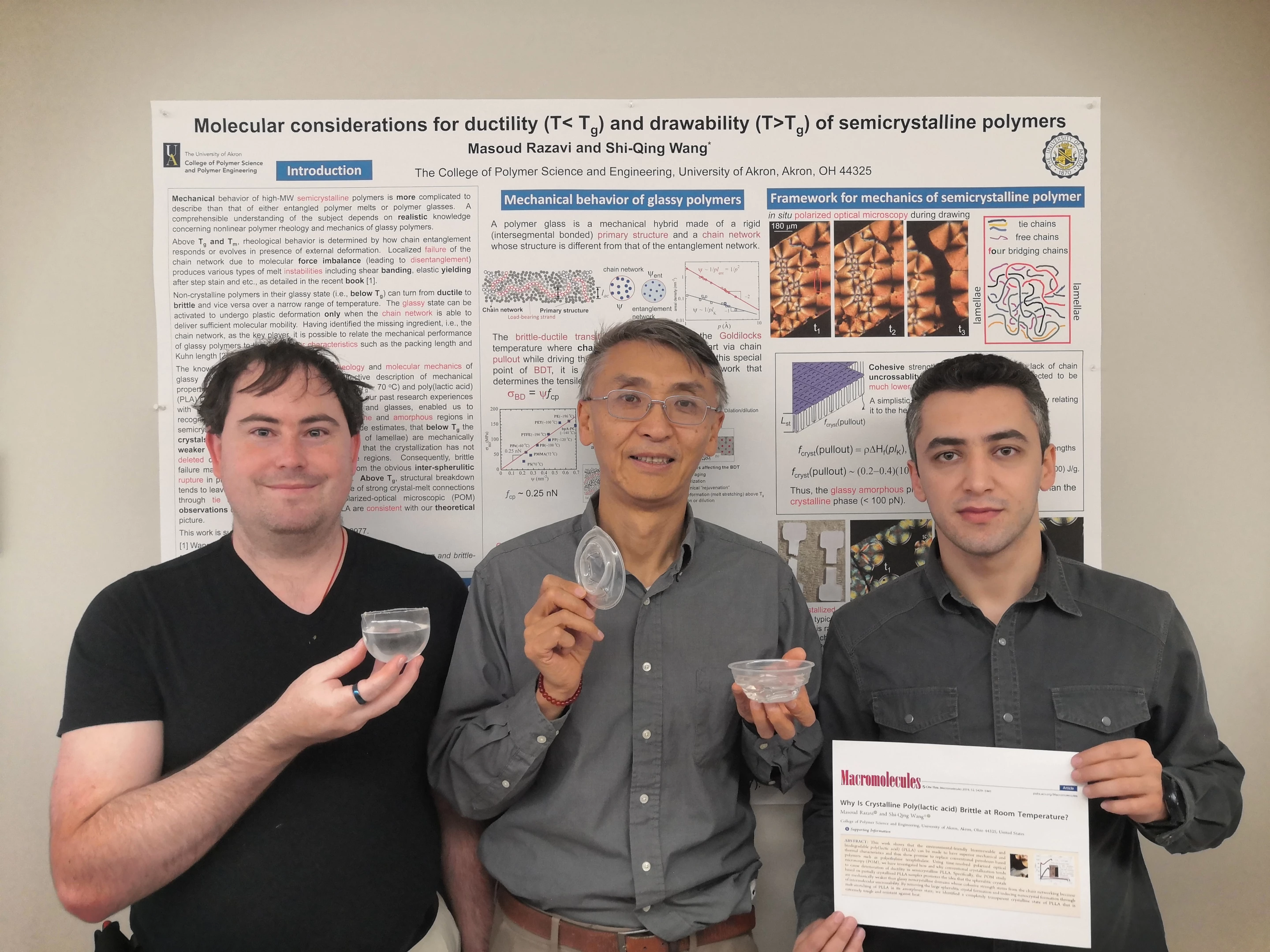 Shi-Qing Wang, Ph.D., (center), polymer science Ph.D. students Travis Smith (left) and Masoud Razavi hold samples of the newly developed PLA plastic