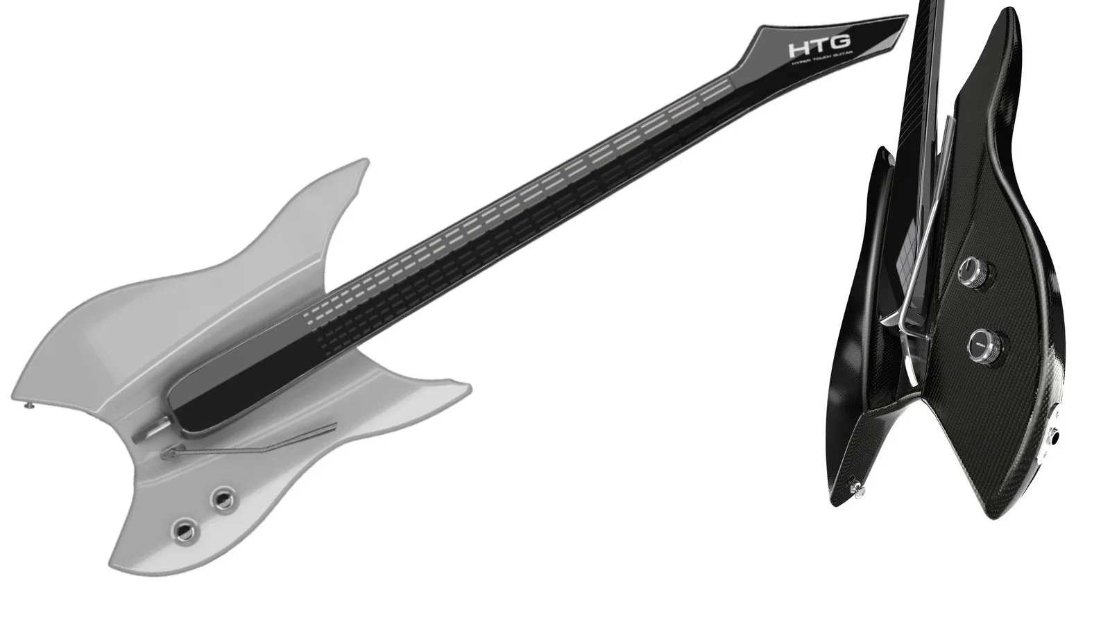 The Hyper Touch Guitar concept features a capacitive touchscreen neck with 24 fret positions, and either a small touchscreen pick zone version or one where the multi-touch interface continues down into the body from the neck