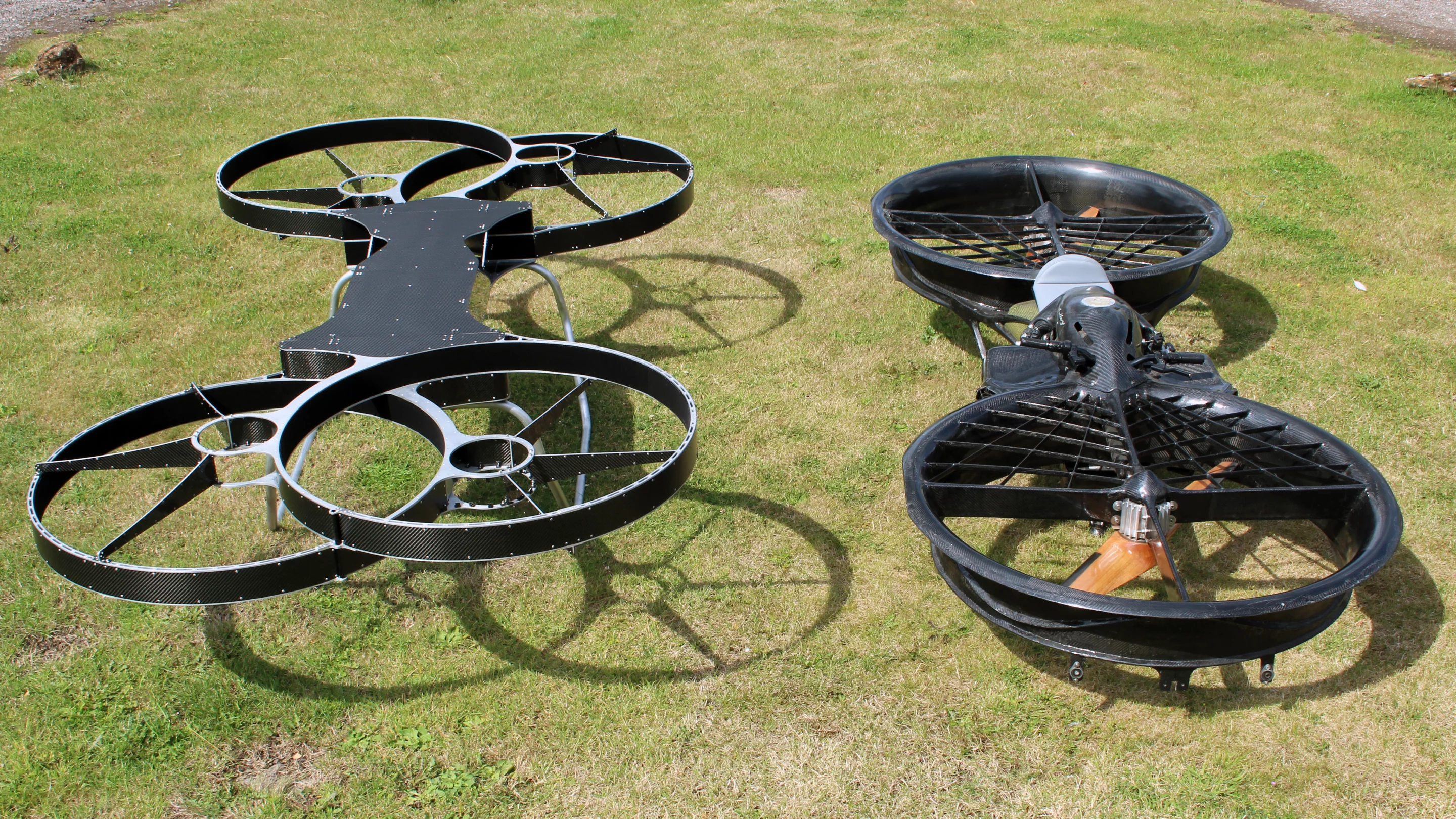 The work in progress MK2 Hoverbike (left), and original design (right) (Photo: Chris Wood/Gizmag)