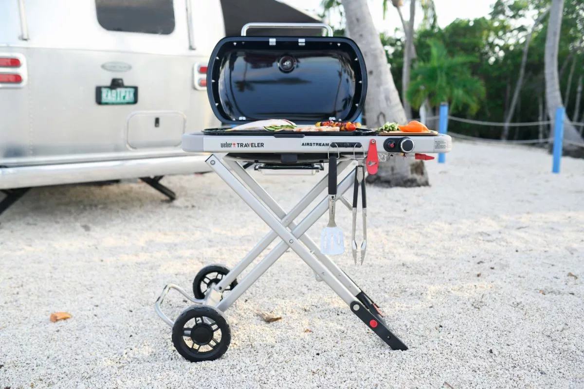 Airstream and Weber team up on a Traveler foldable grill that quick-connects to an Airstream gas hookup and gets sizzling