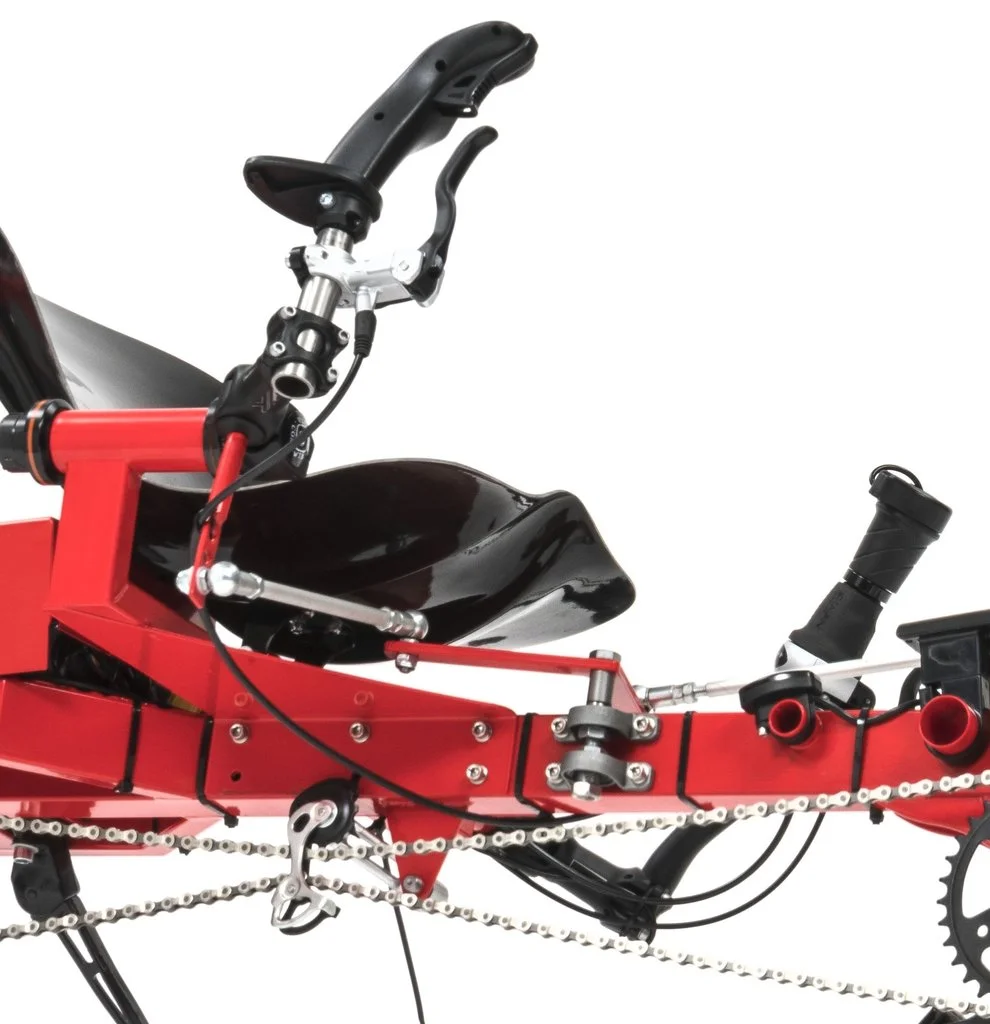 The handle on the right-hand side of the Joystickbike steers, while the one on the left manages the electric motor
