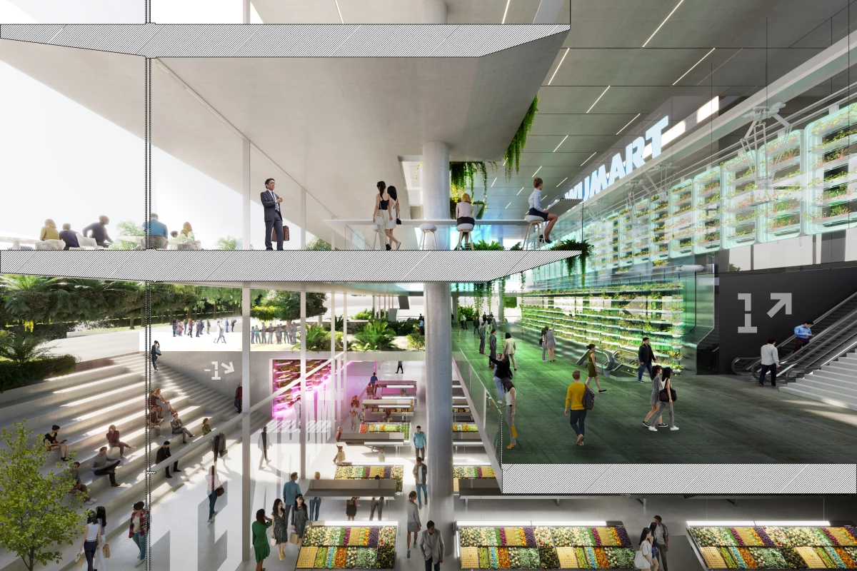 Most of the Jian Mu Tower's interior would be given over to office space, but it would also include a supermarket and food court