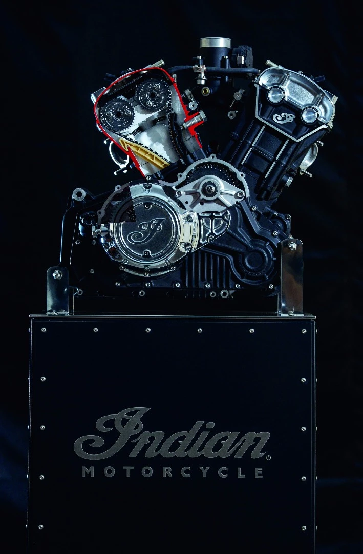 The Indian Scout Sixty's engine is a DOHC liquid cooled 60-degree V-Twin with four valves per cylinder