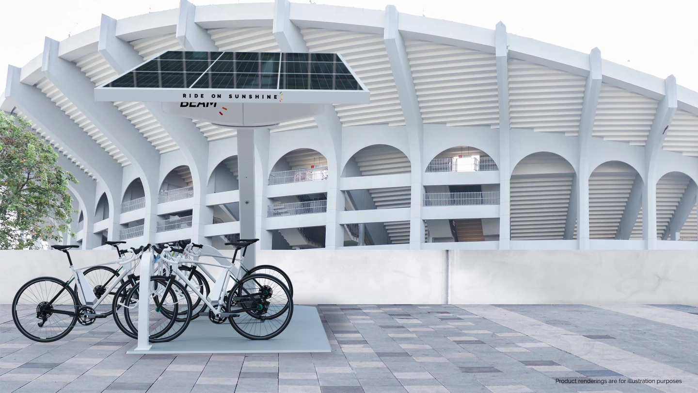 The BeamBike can charge up to 12 ebikes via 120-V outlets