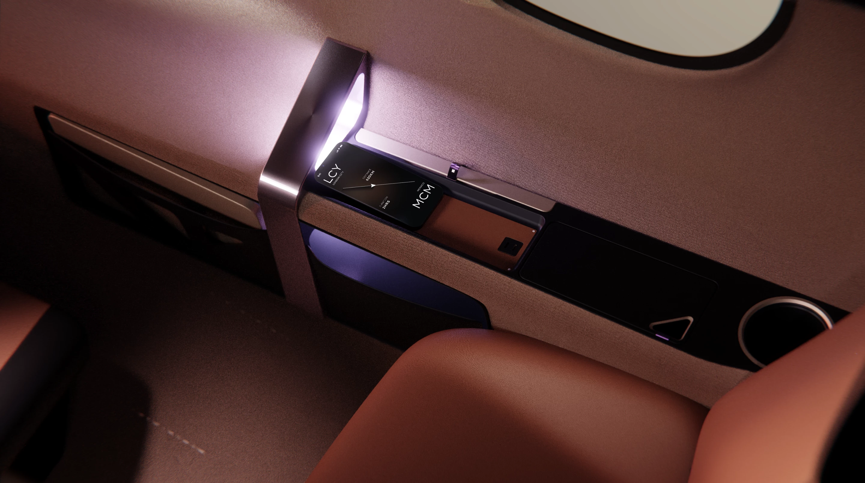 A roomy interior with ample leg room, plus a side table for each passenger