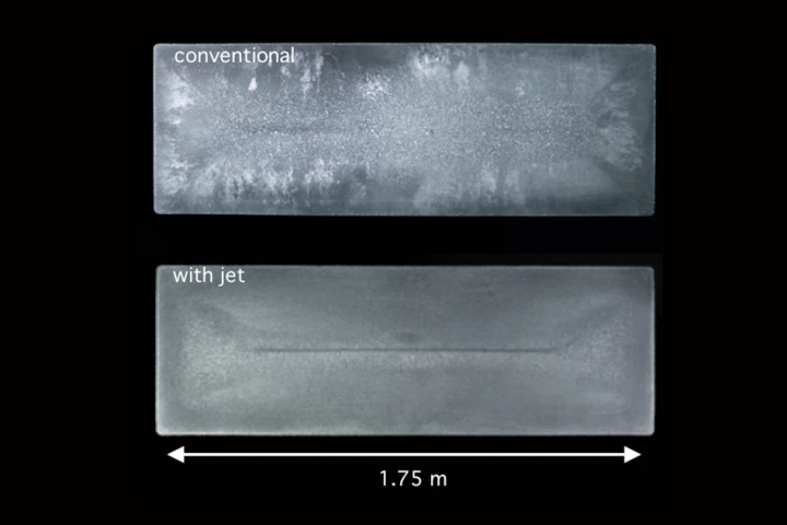 Solidified cross-sections from aluminum ingots were made using a conventional method (top) and a new jet metal process developed by MIT researchers
