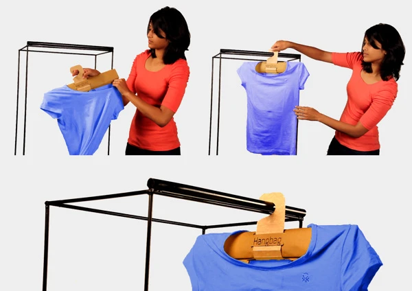 The simple process of transforming and using the Hangbag is demonstrated by one of its designers