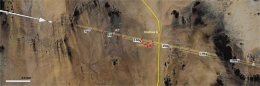 This space-based view of the Nubian Desert shows altitude in kilometers (in white circles) and meteor locations in red.